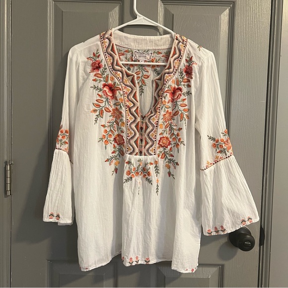 Johnny Was Tops - Johnny Was Workshop White Blouse Orange Pink Floral Embroidery